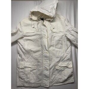Lands' End Rain Jacket Womens M White Mesh Lined  Sleeve Hooded Button Full Zip
